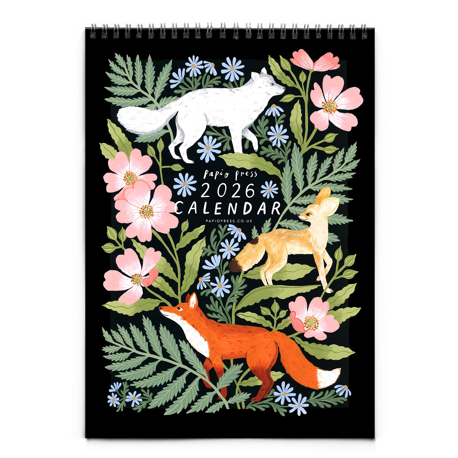 2026 Papio Press Florals & Animals Calendar cover shows foxes and a rabbit among pink flowers, blue blossoms, and green foliage on black. "Florals & Animals 2026 Calendar" appears in bold white text. Brand: Papio Press.