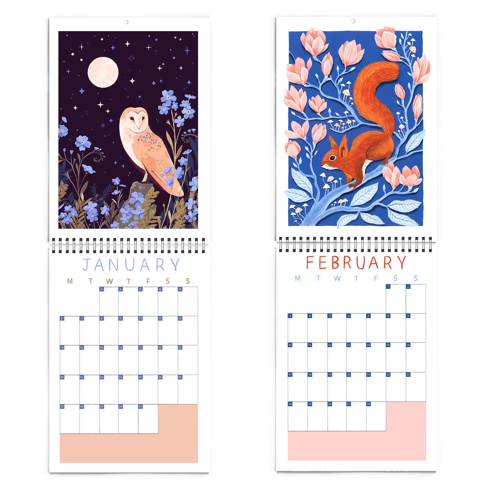 The 2025 Papio Press Florals & Animals Calendar features a January white owl under a full moon with blue flowers and a February red squirrel among pink magnolia, plus blue date boxes with space for notes—ideal for planning your year.