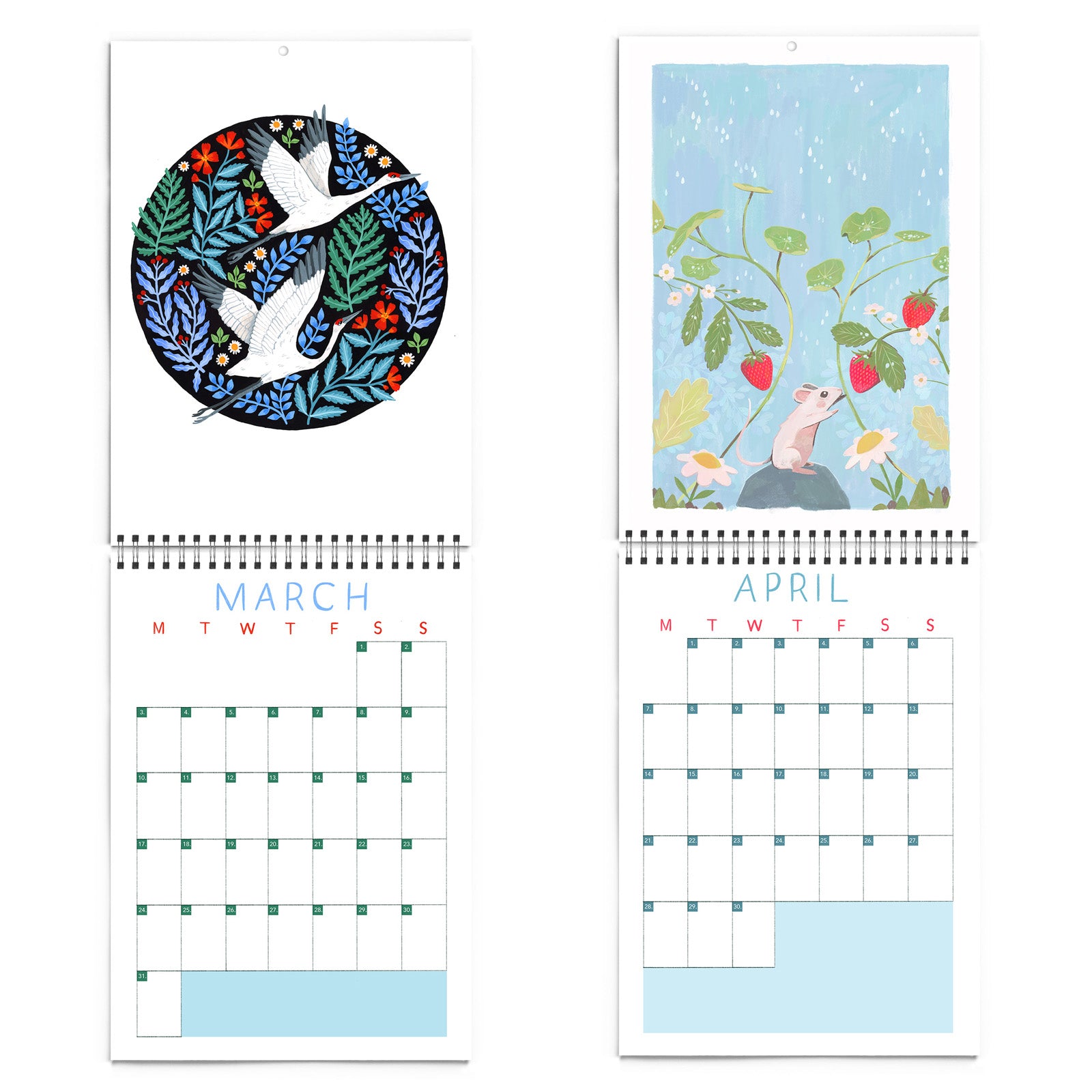 The 2025 Papio Press Florals & Animals Calendar features March with two white birds among colorful leaves and April with a mouse under strawberry plants on a rainy day—charming Papio Press illustrations.