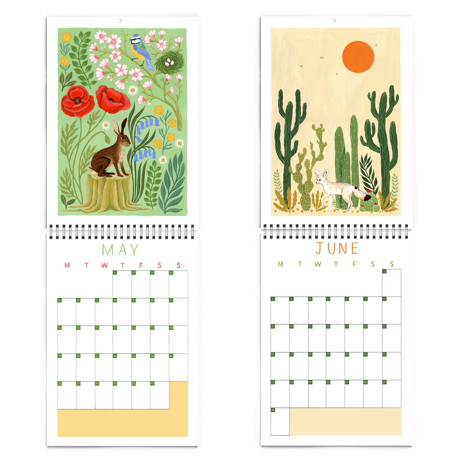 The 2025 Papio Press Florals & Animals Calendar features May with a rabbit, flowers, and birds, and June with two foxes amid cacti under an orange sun. Each page has a blank monthly grid below Papio Press artwork.