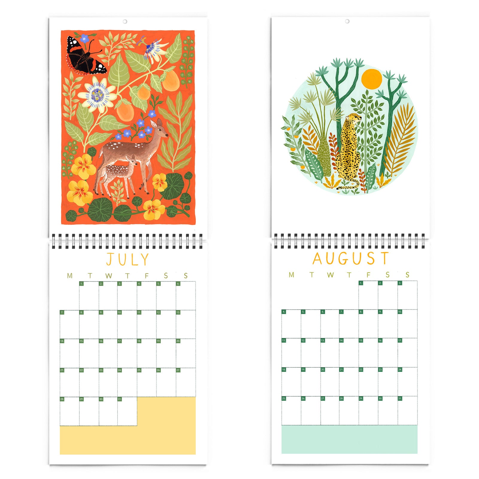Two illustrated pages from the 2025 Papio Press Florals & Animals Calendar: July has a deer, butterfly, and orange flowers; August shows a green landscape with plants and sun. Both have blank monthly grids below the Papio Press artwork.