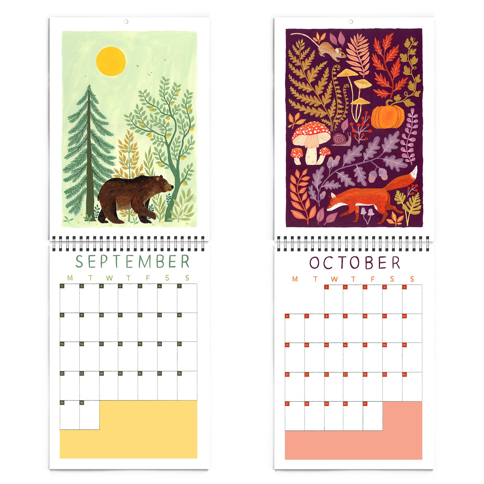 Two pages from the 2025 Papio Press Florals & Animals Calendar: September features a bear in a sunlit forest, and October shows a fox with autumn leaves, mushrooms, and pumpkin. Both have blank date grids below vibrant Papio Press art.