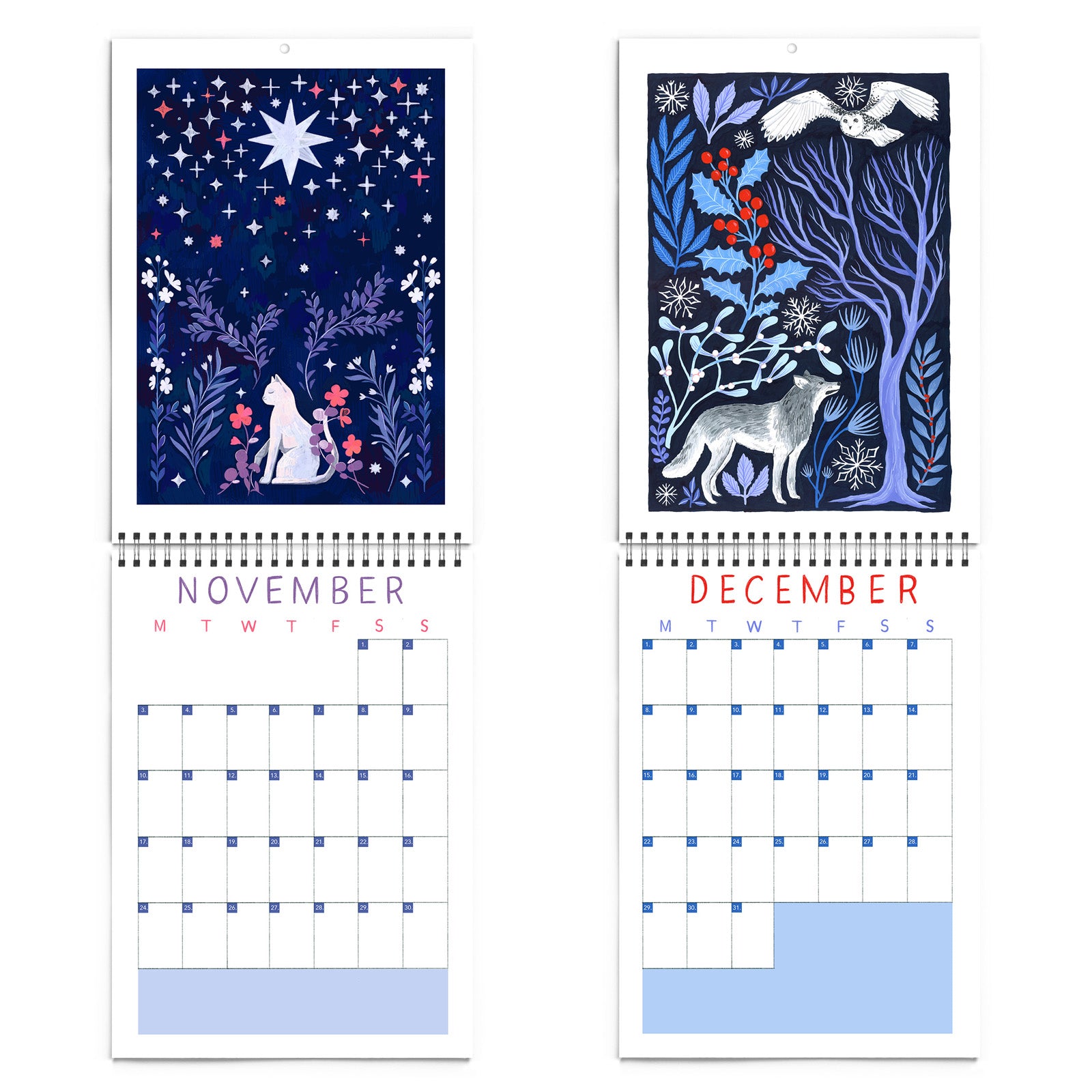 The 2025 Papio Press Florals & Animals Calendar features November with a white fox under starry night trees, and December with a white deer and two birds amid blue trees—an enchanting design by Papio Press.