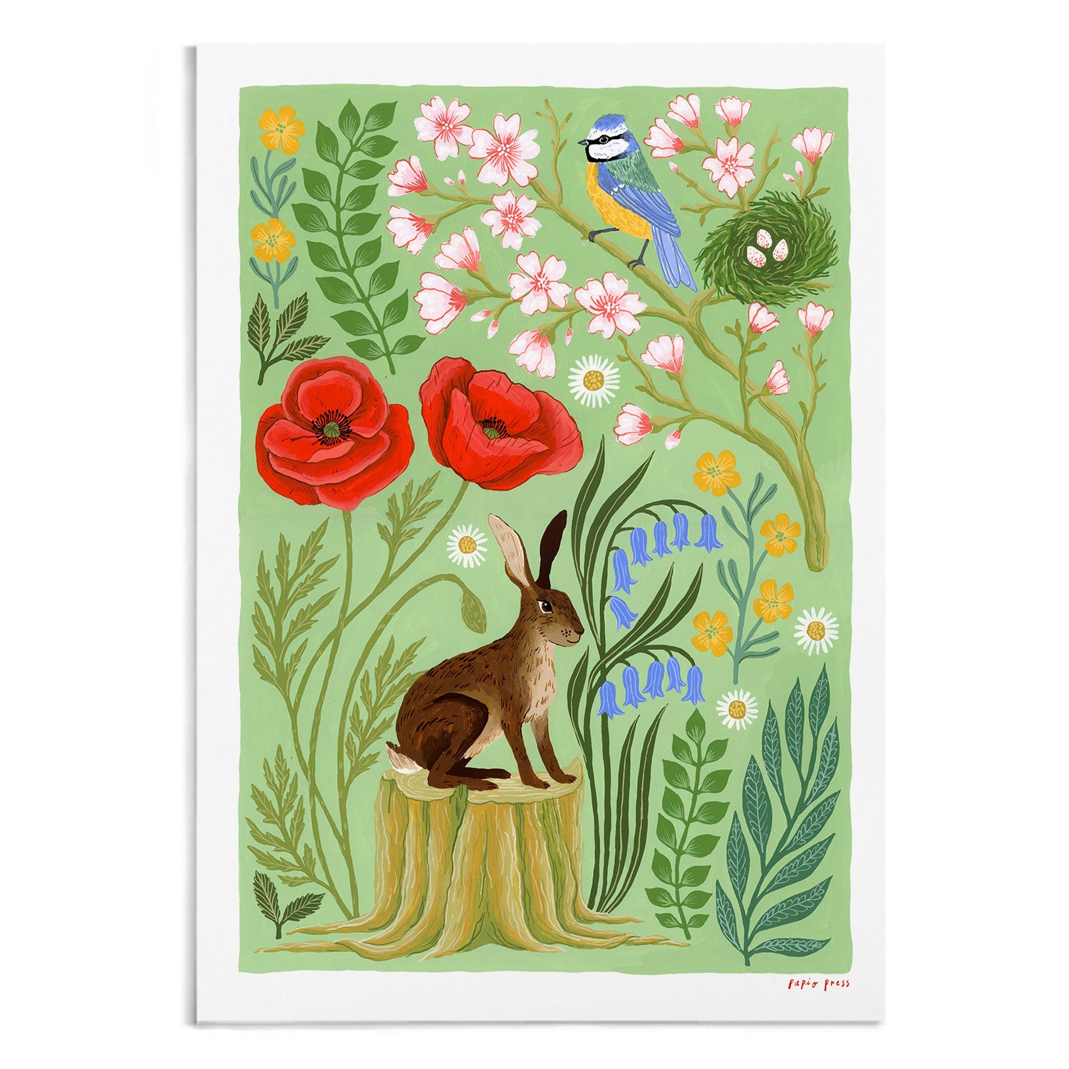 The Hare in Spring Artists Print by Papio Press features a brown hare on a stump with flowers, greenery, and a blue-yellow bird above. Printed on 100% cotton paper for vibrant color and lasting beauty. Archival quality.