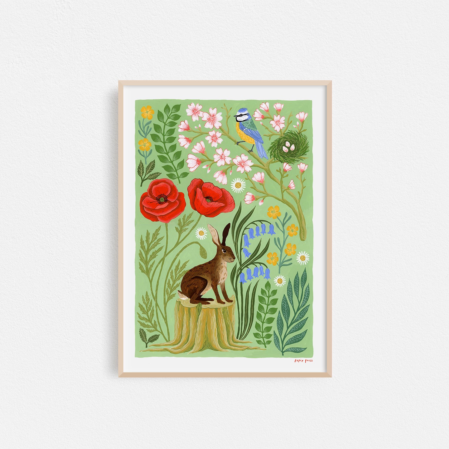 The Hare in Spring Artists Print by Papio Press features a hare on a tree stump among wildflowers with a blue bird above, printed on 100% cotton paper for archival quality and lasting beauty.