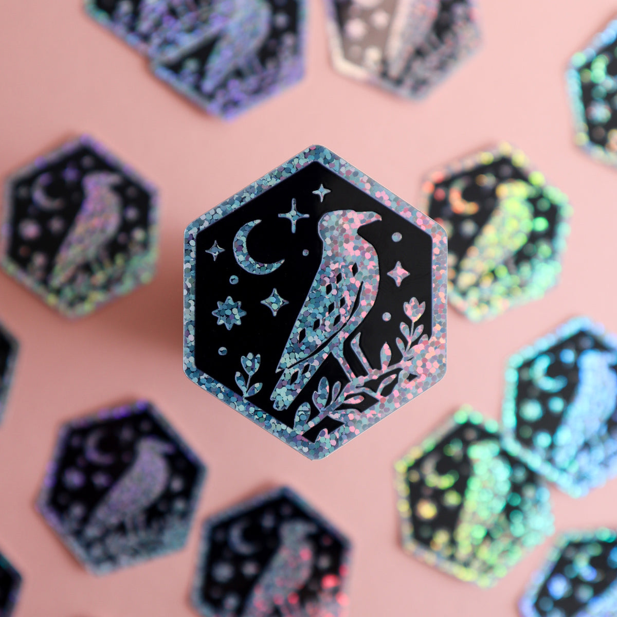 Crow and Moon Hexagon Glitter Sticker