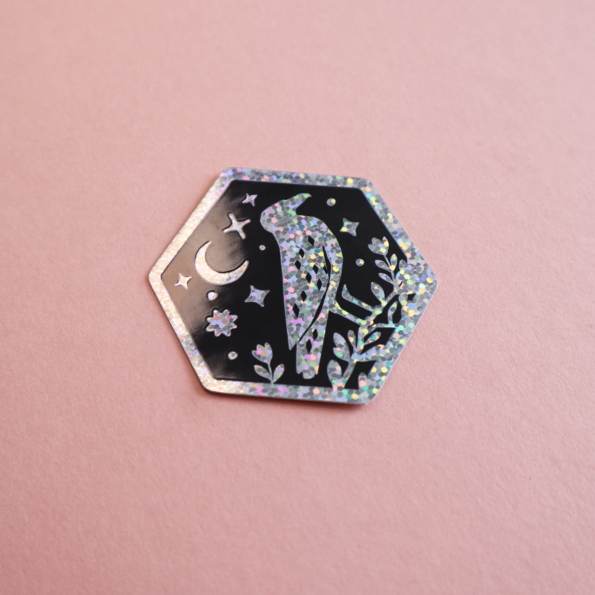 Crow and Moon Hexagon Glitter Sticker
