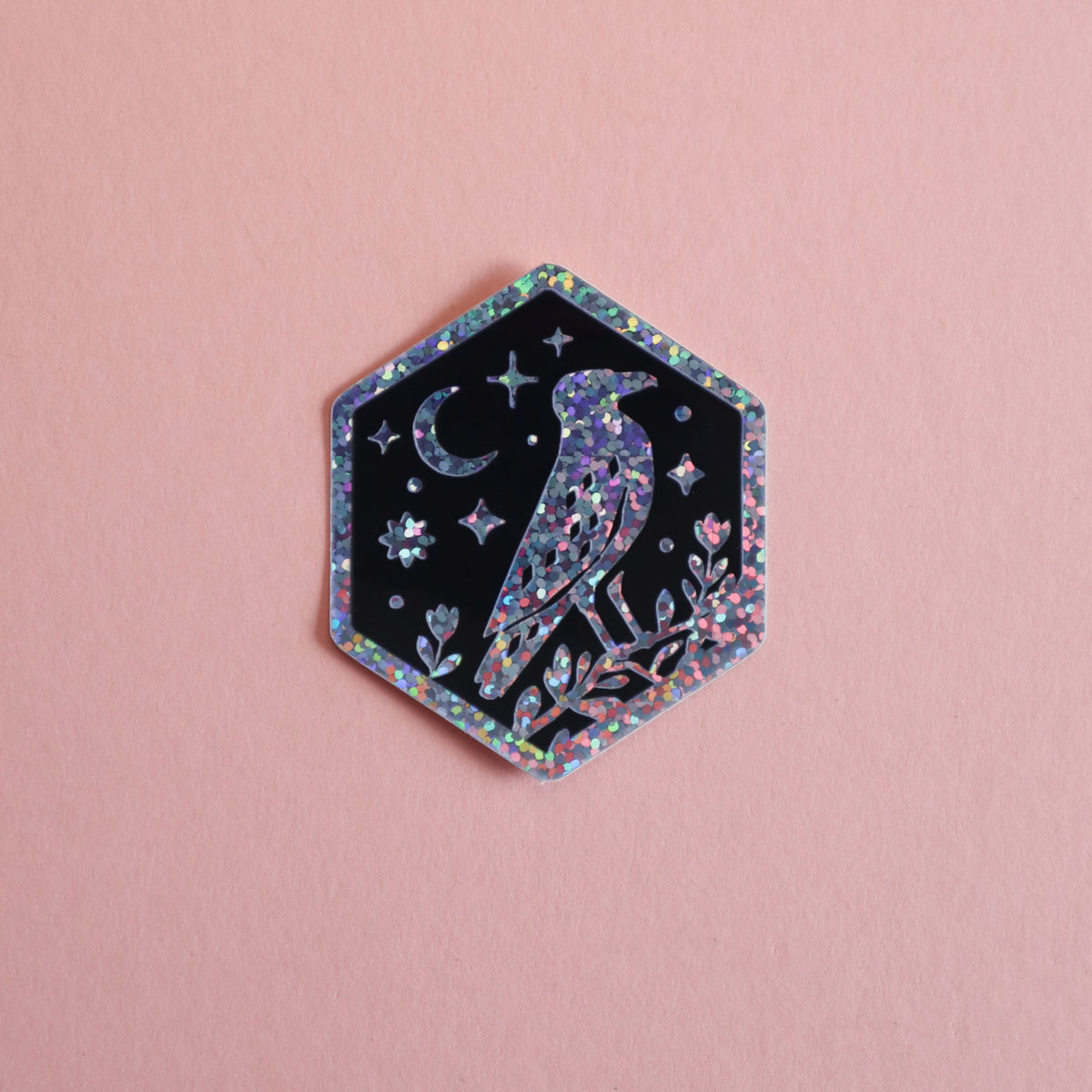 Crow and Moon Hexagon Glitter Sticker
