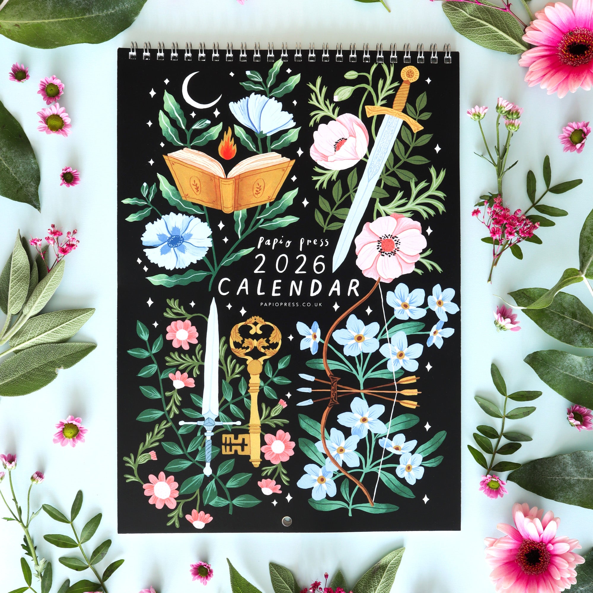 2026 Fantasy calendar with decorative elements on a floral background