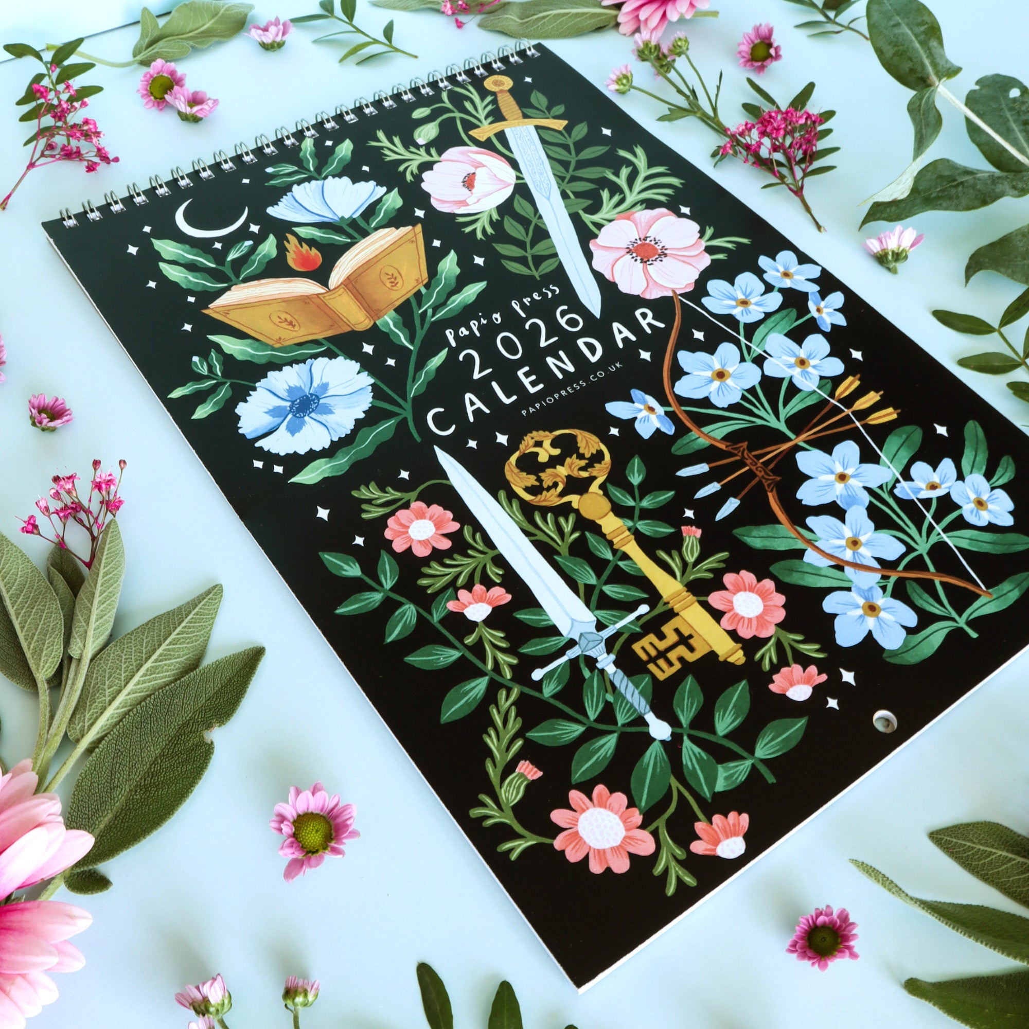 2026 Fantasy calendar with decorative design on a floral background