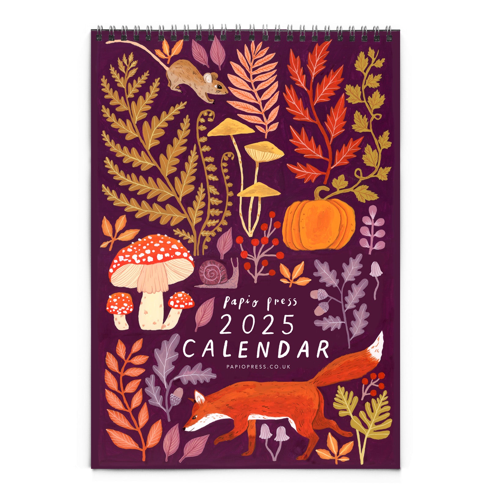 The 2025 Papio Press Florals & Animals Calendar features an illustrated cover with autumn leaves, mushrooms, a pumpkin, a squirrel, and a fox on deep purple—a charming design from Papio Press for the year ahead.