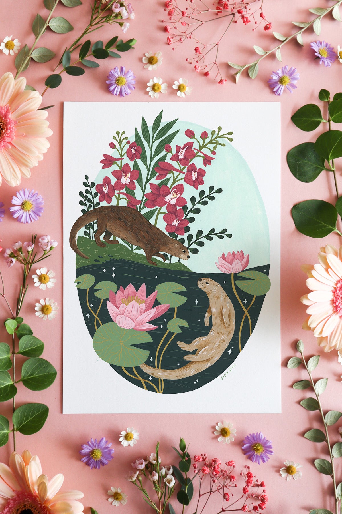 Floral Otters Artists Print