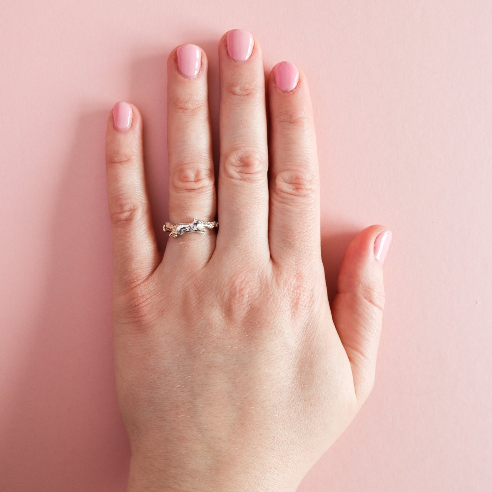A hand wearing a silver fox ring on a light pink background. 