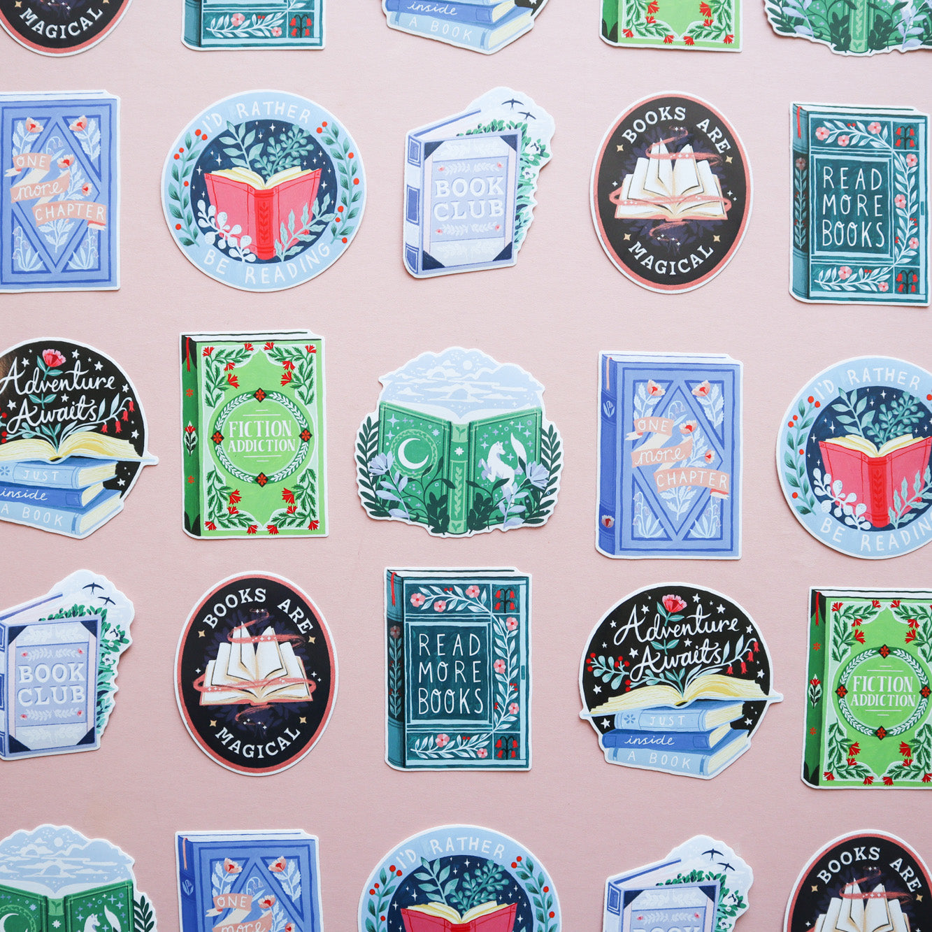 The Papio Press Book Club Book Sticker features colorful and durable vinyl designs with phrases like “Books are magical,” “Read more books,” and “Fiction addict”—a perfect pick for book lovers.
