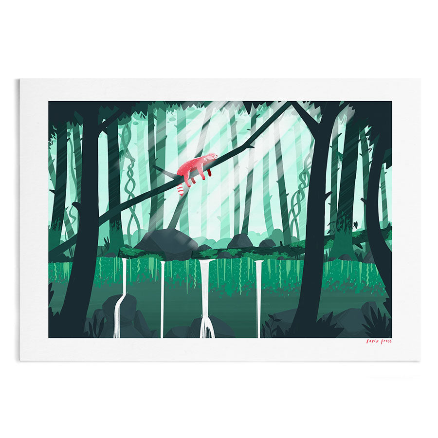 The Sunbathing Red Pandas Artists Print by Papio Press features red pandas relaxing in a sunlit green forest above three waterfalls—beautifully reproduced as an inkjet print on archival paper.