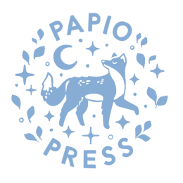The Papio Press Logo features a blue fox looking up at a moon surrounded with leaves and stars.