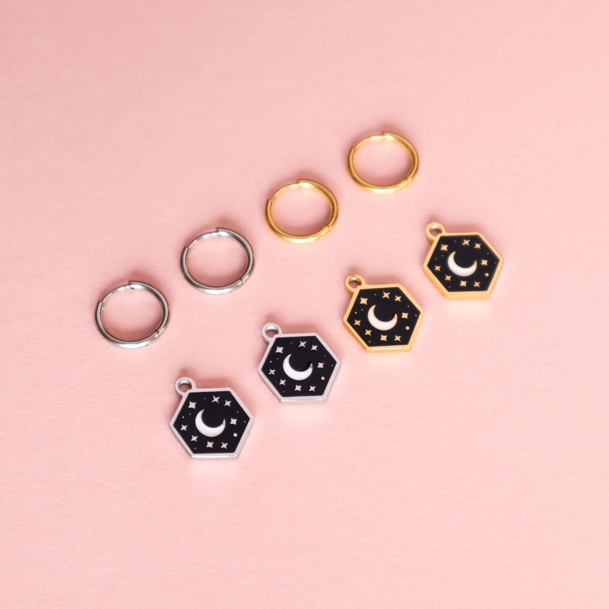 Mini Hexagon Moon Hoop Earrings