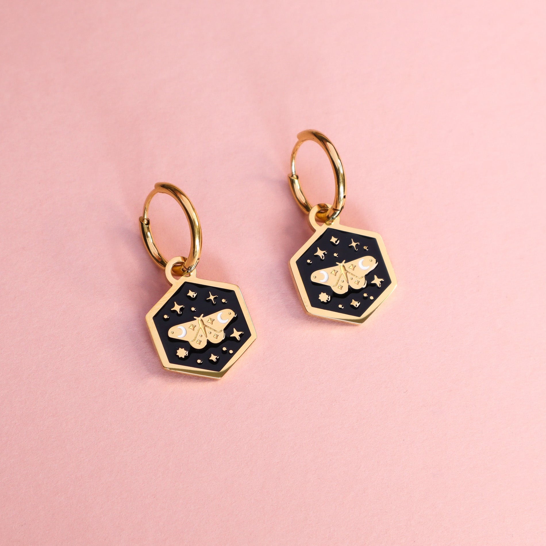 Mini Hexagon Moth Hoop Earrings