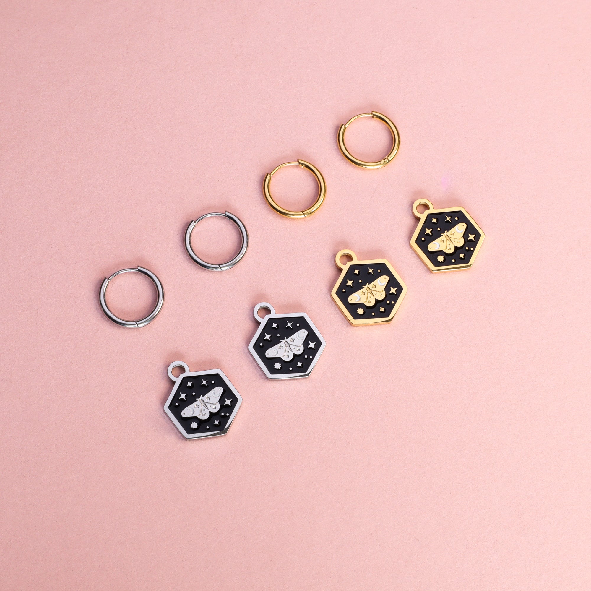 Mini Hexagon Moth Hoop Earrings