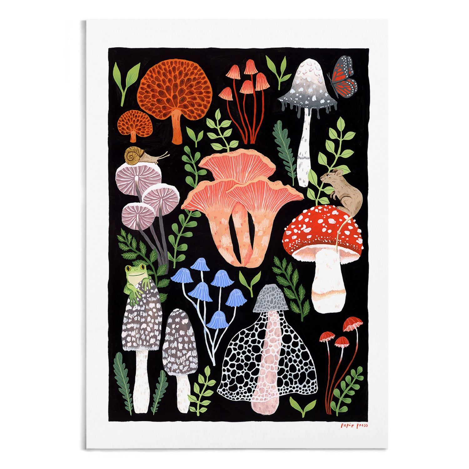 The Mushrooms Artists Print by Papio Press showcases mushrooms, green leaves, a butterfly, frog, snail, and mouse on black with a white frame—vividly reproduced as an archival satin inkjet print.