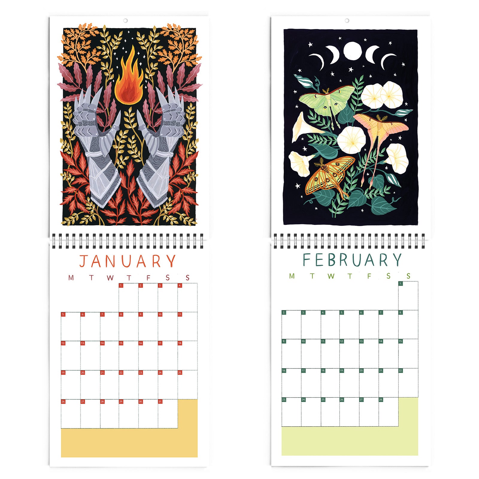 Two calendar pages for January and February with artistic designs and month names.
