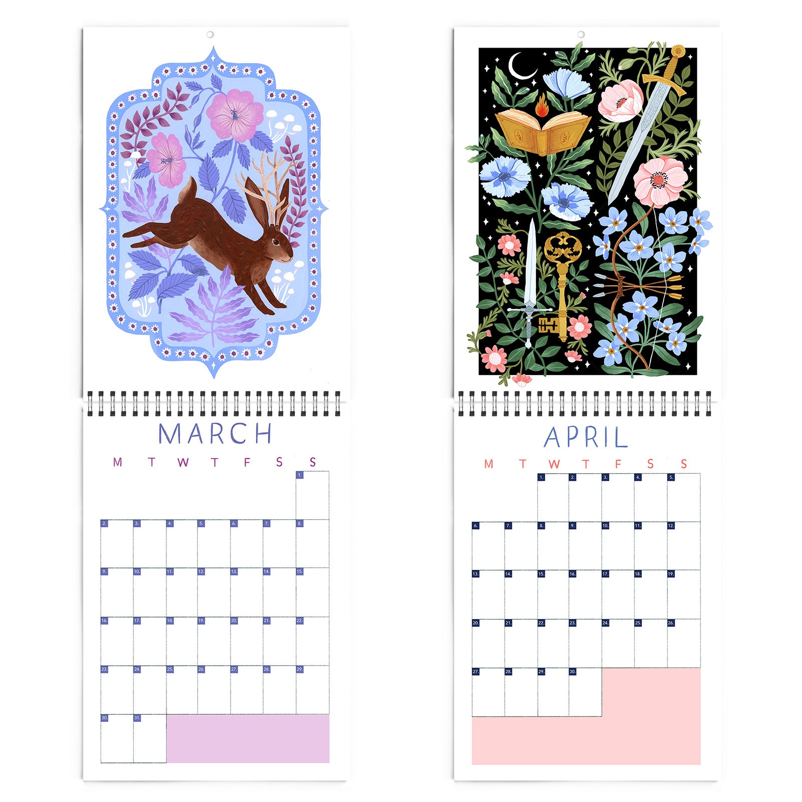 Two calendar pages for March and April with illustrations of a Jackalope and flowers on a white background.