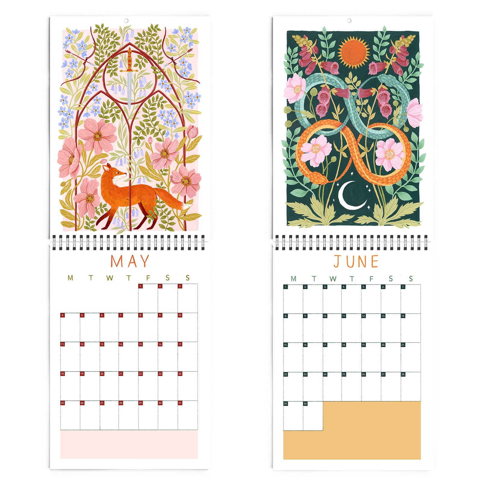 Two calendar pages for May and June with floral and nature-themed designs featuring a fox and some snakes.