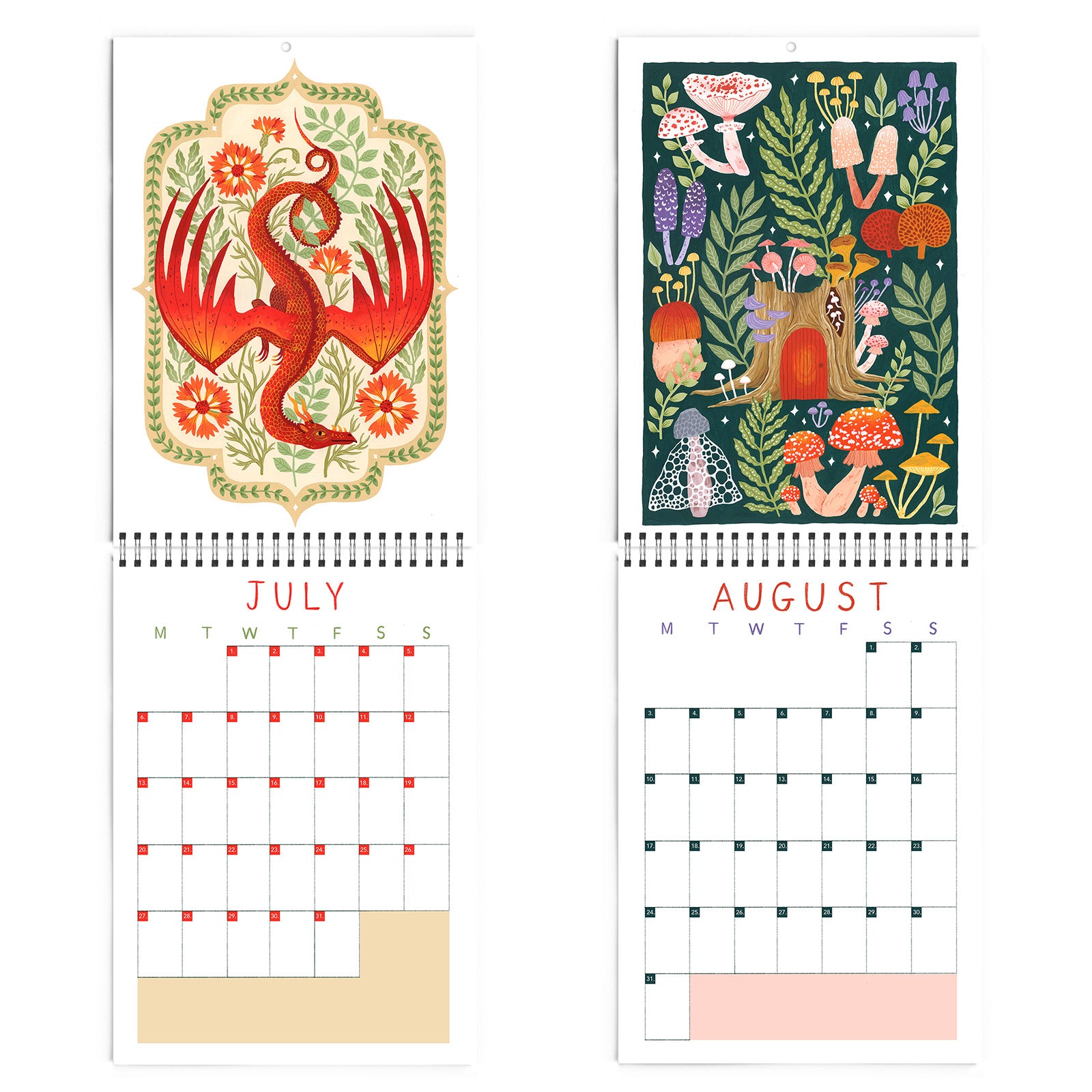Calendar with July and August pages featuring dragons and forest illustrations.