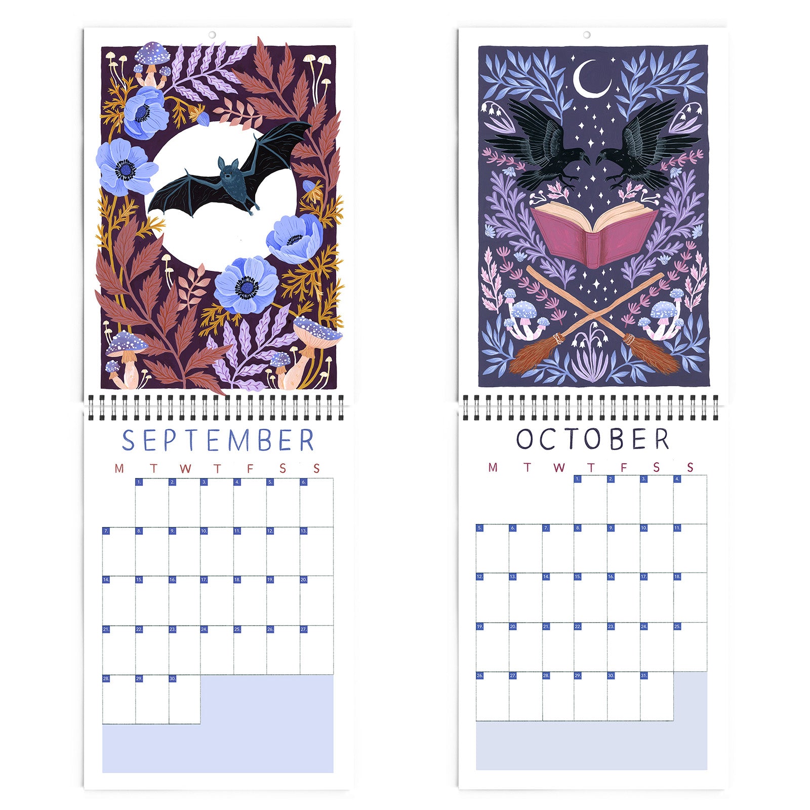 Two calendar pages for September and October with bat and floral designs.