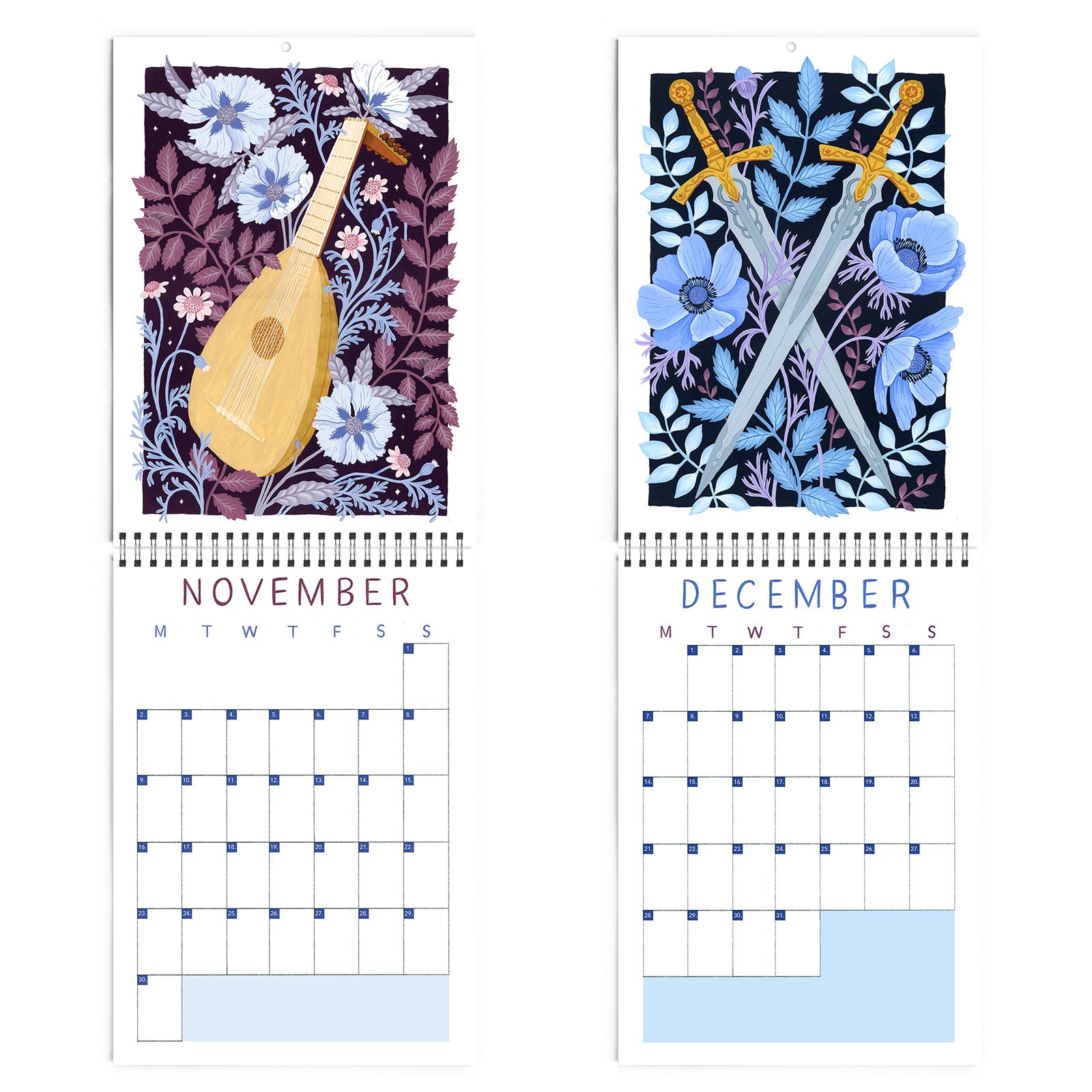 Two calendar pages for November and December with floral sword and lute designs.