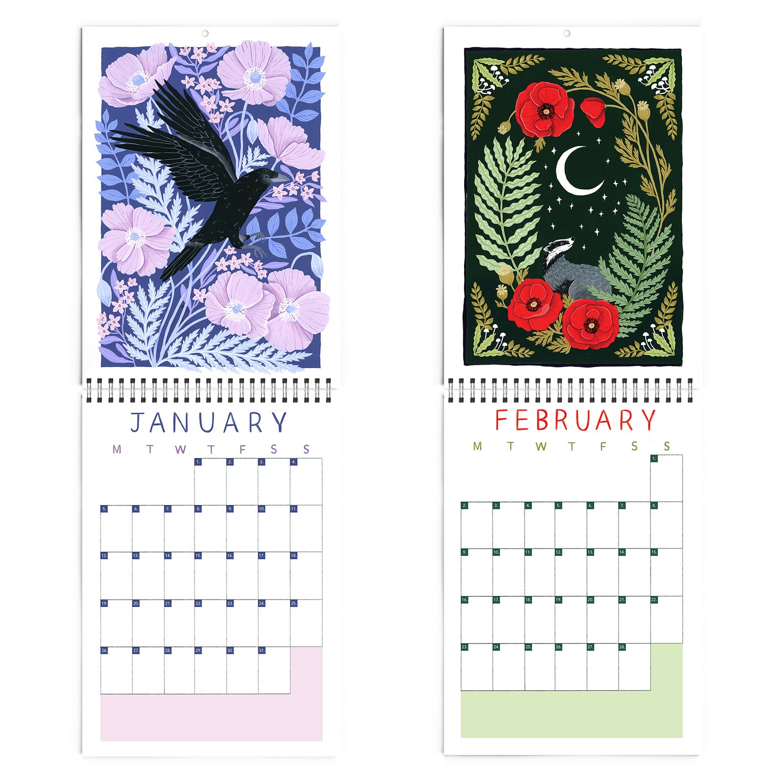 See January and February from the 2026 Papio Press Florals & Animals Calendar: a black bird with purple flowers for January, and a badger among red poppies for February. Both months feature blank grid calendars below Papio Press artwork.