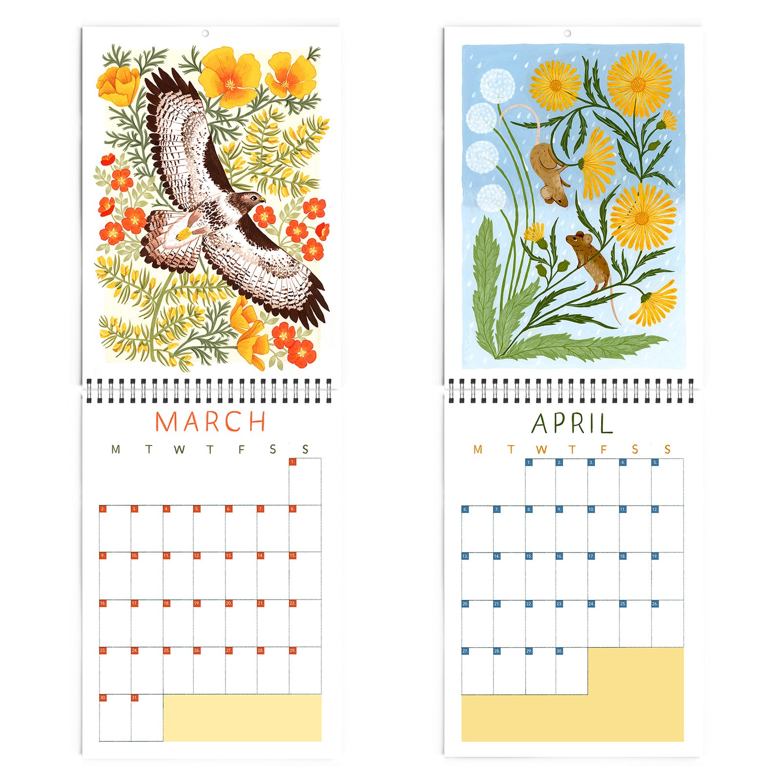 The 2026 Papio Press Florals & Animals Calendar features illustrated months, like March with a flying hawk and orange flowers, and April with squirrels among dandelions. Each month includes an empty date grid.