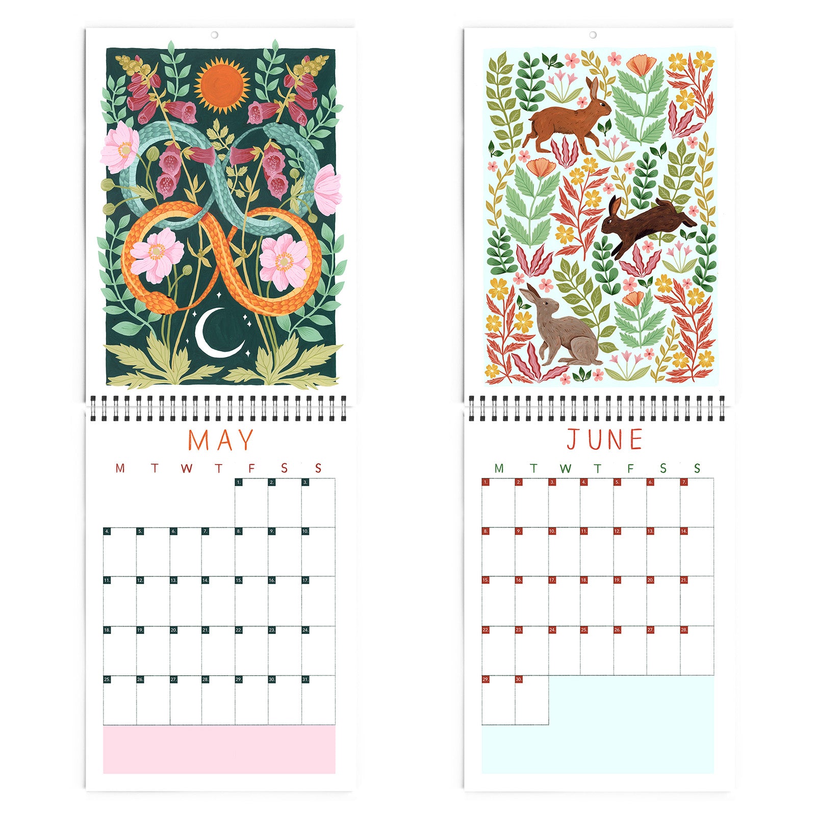 Two illustrated pages from the 2026 Papio Press Florals & Animals Calendar show May with a yellow snake among flowers, and June with three brown rabbits amid plants. Both feature blank monthly grids under charming Papio Press designs.