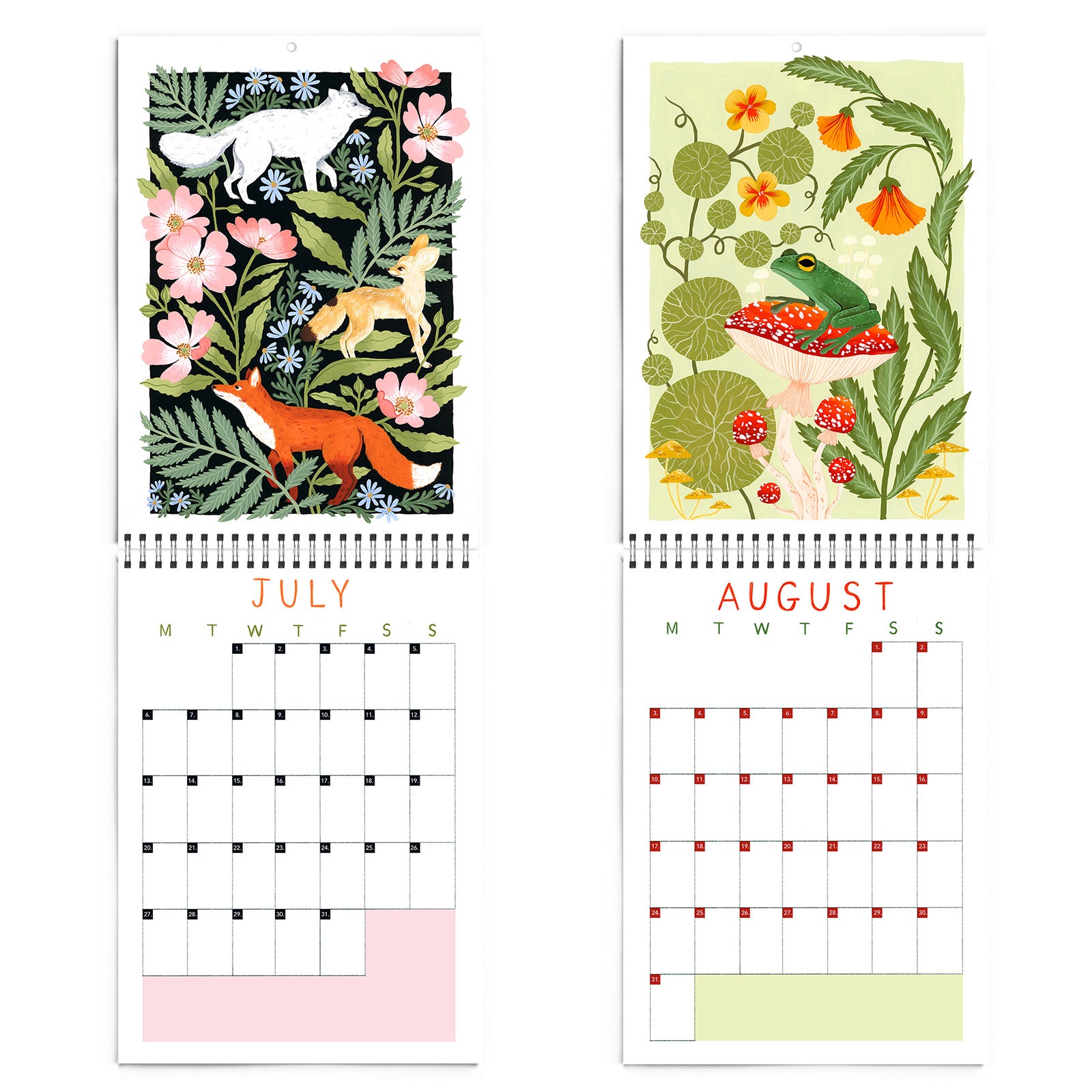 The 2026 Papio Press Florals & Animals Calendar features July with foxes and August with a frog on a red mushroom, both atop empty date grids under charming Papio Press illustrations.