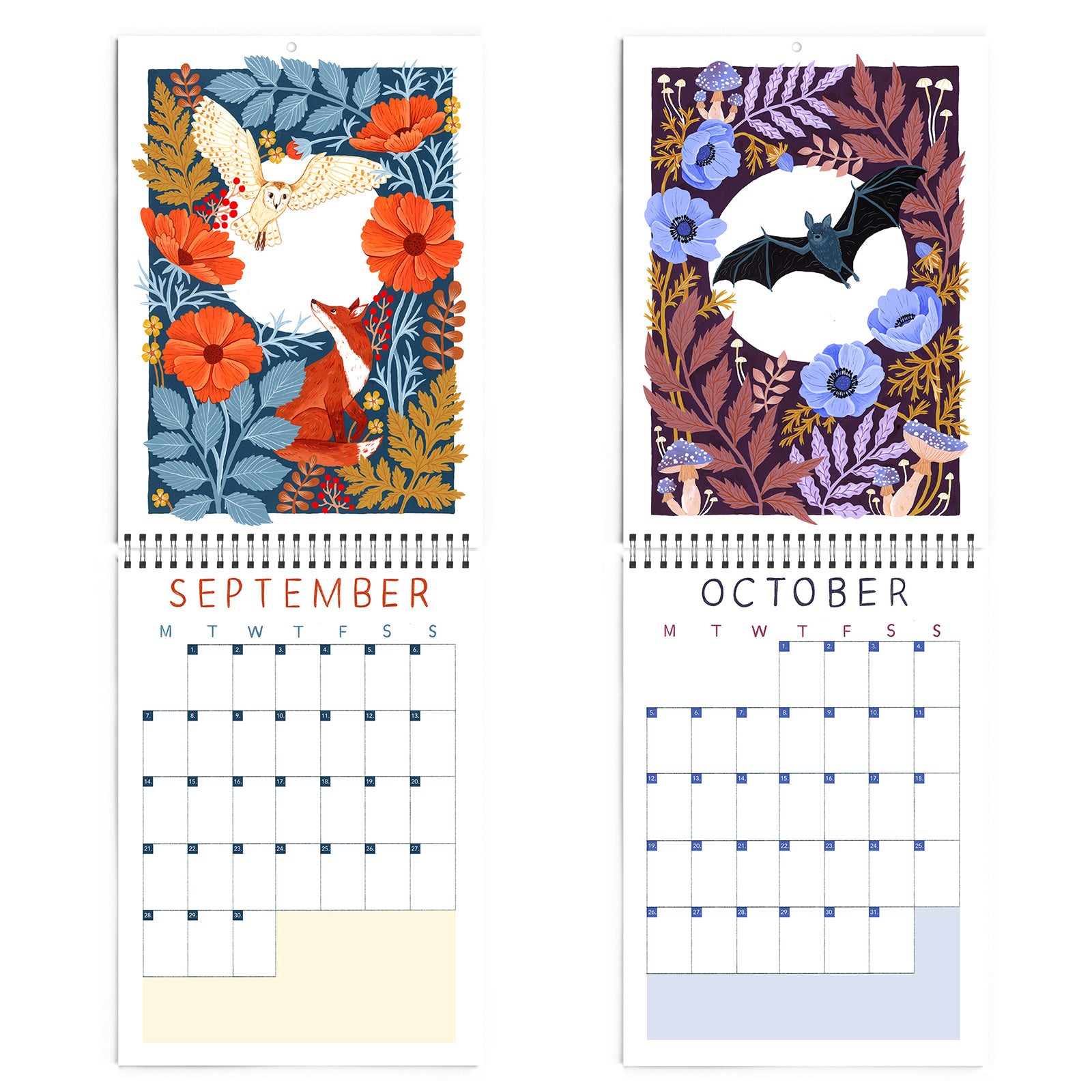 September and October pages from the 2026 Papio Press Florals & Animals Calendar feature an owl, fox, and red flowers in September, and a black bat with blue and purple blooms in October, each with a blank monthly grid below Papio Press artwork.