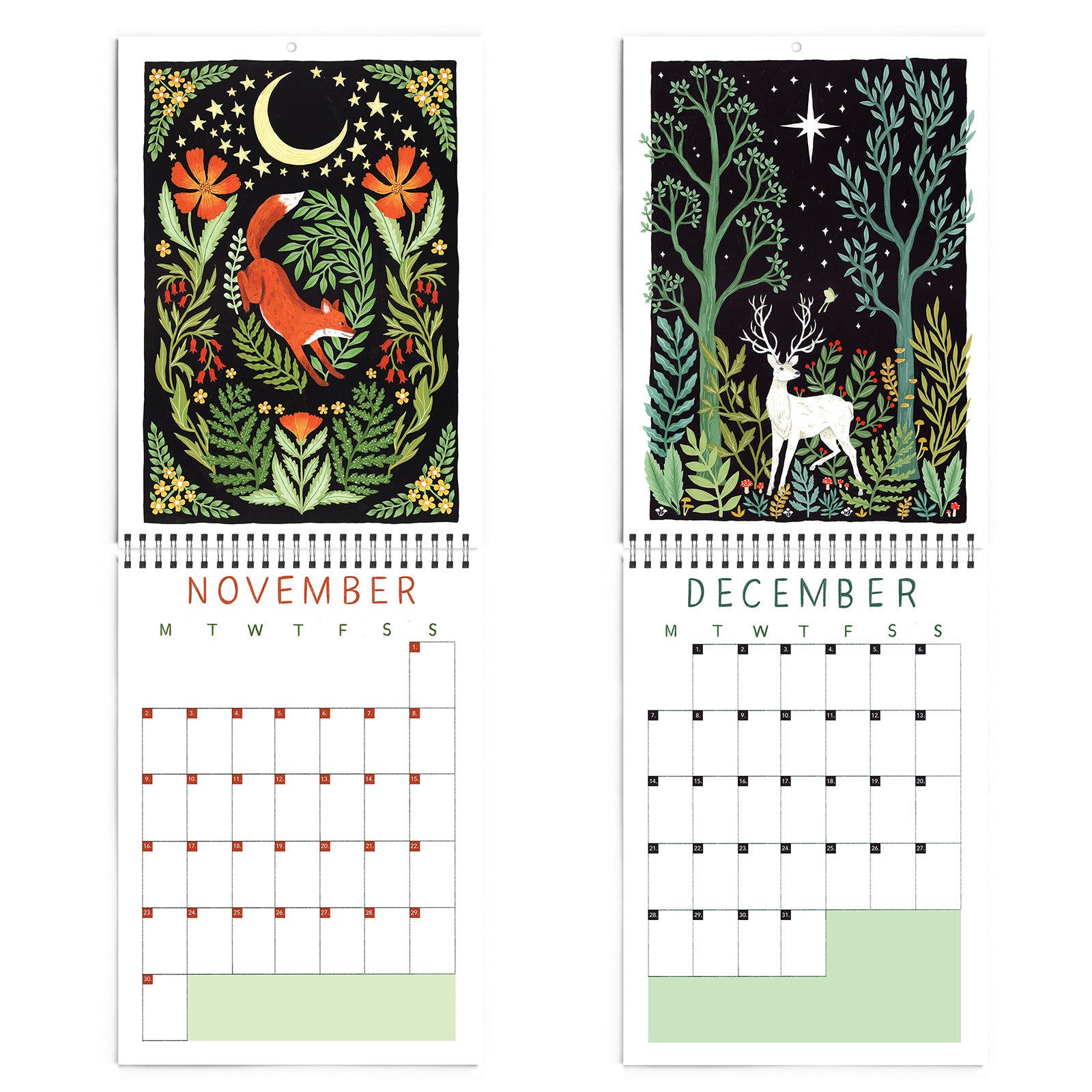 Two illustrated pages from the 2026 Papio Press Florals & Animals Calendar: November shows a red fox sleeping under autumn leaves, while December features a white deer in a snowy forest, each with monthly grids below.