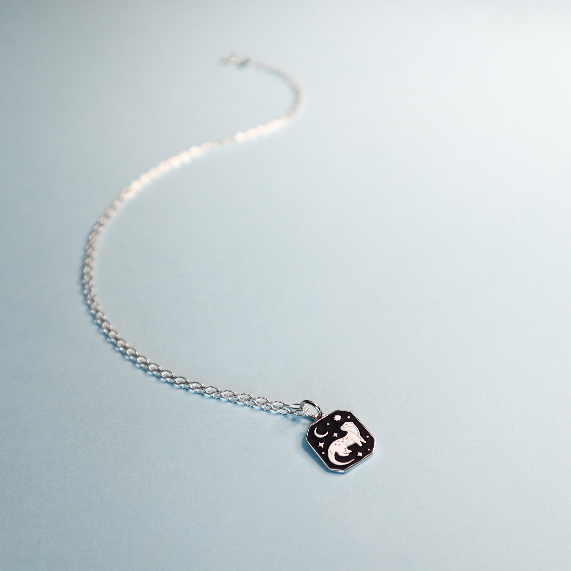 Square silver pendant featuring an otter, moon and stars with black enamel details. Taken on a light blue background.
