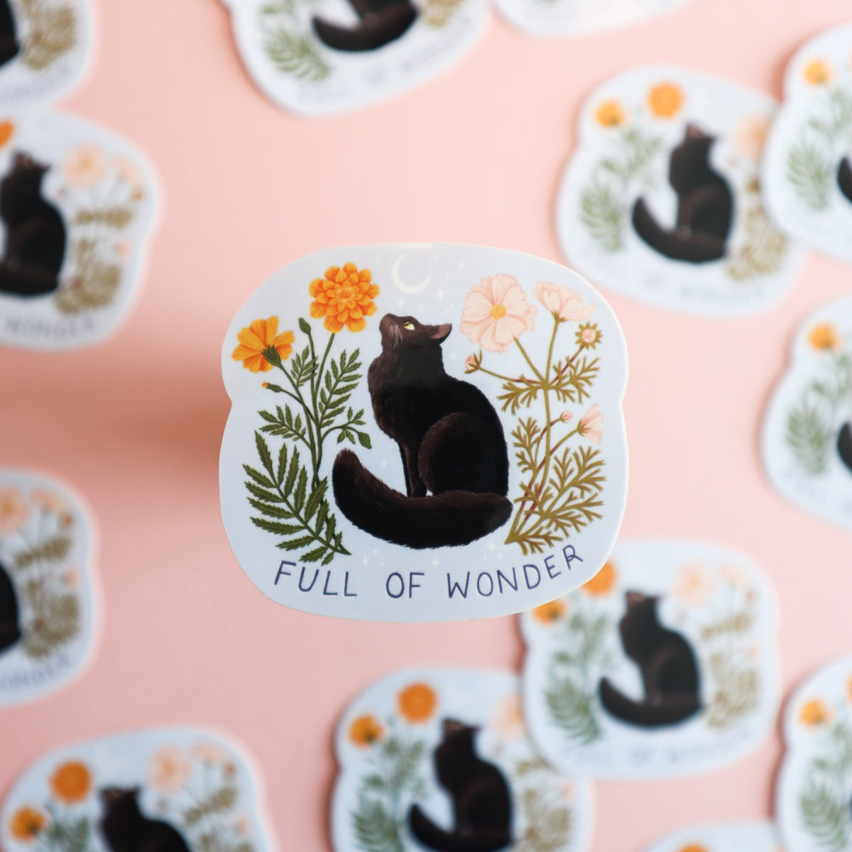 A cat sticker with the text 'FULL OF WONDER'.