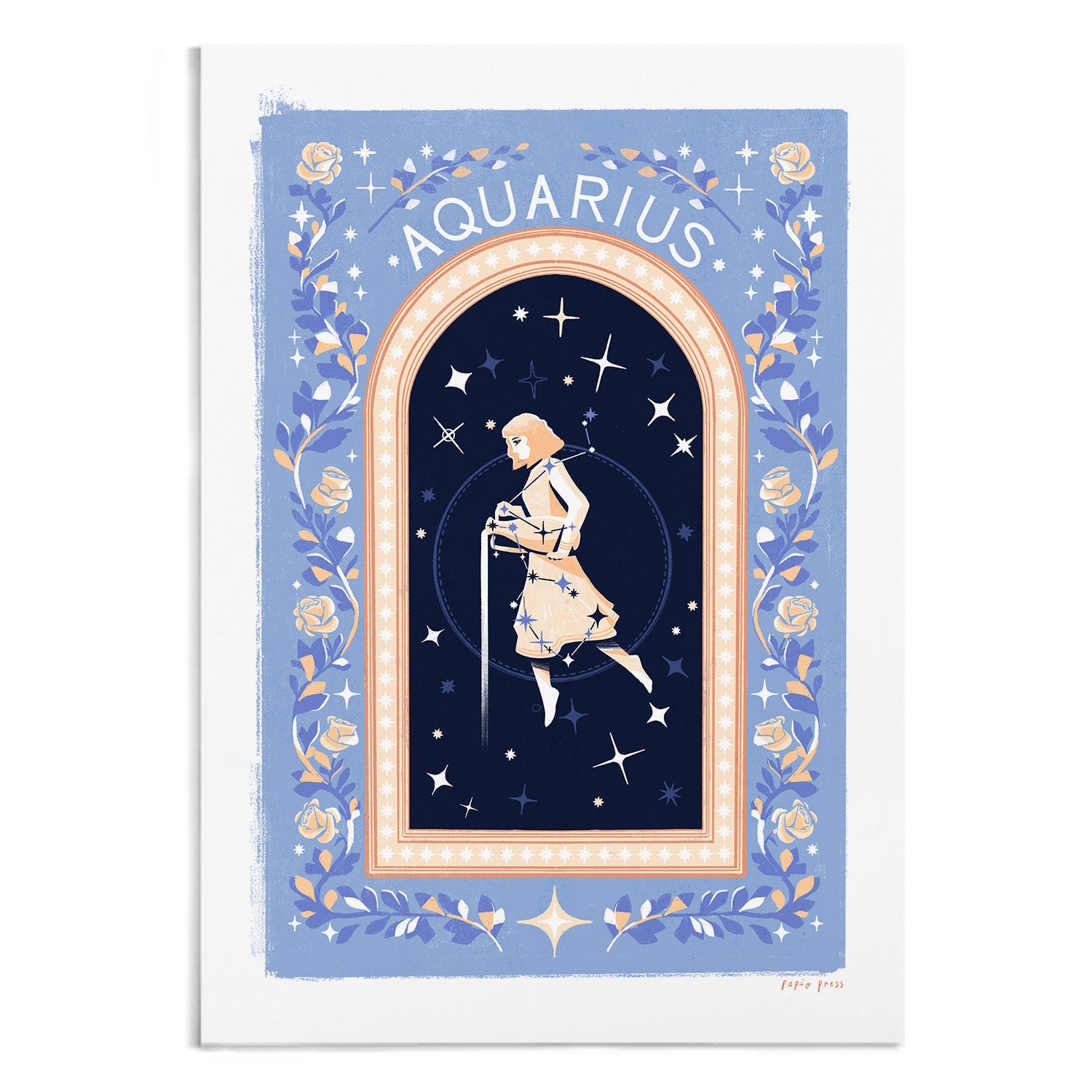 The Papio Press Choose your own Constellation Print // Star Signs features Aquarius: a figure pouring water within an arched frame, stars and florals on blue. AQUARIUS title above. Inkjet printed on archival satin paper.