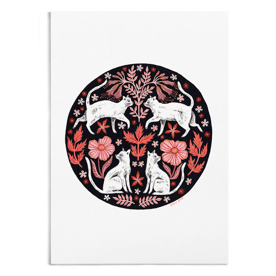 A circular symmetrical print of 4 white cats surrounded by pink and red florals.