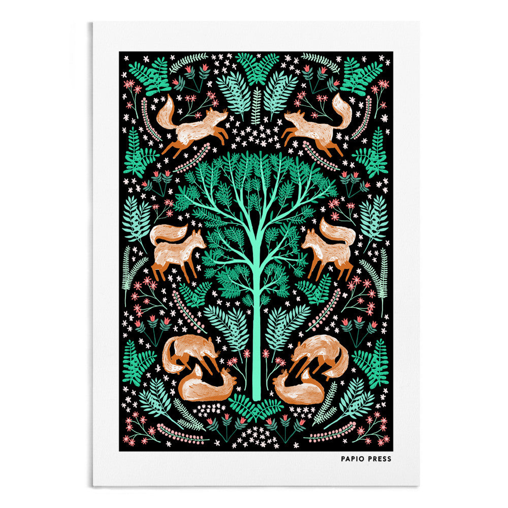 A symmetrical painting featuring a tree and on either side of the tree are 3 foxes surrounded by green florals.