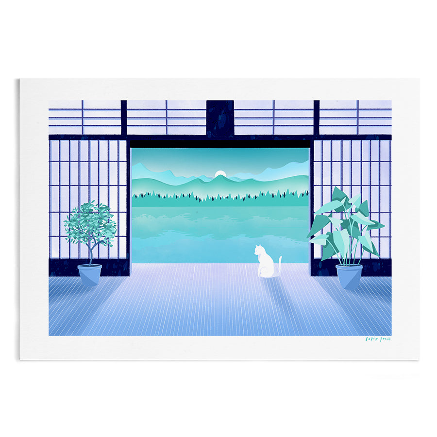 A calming illustration of a white cat sat at the entrance of Japanese sliding doors. Outside the doors is a lake, mountains and rising sun.