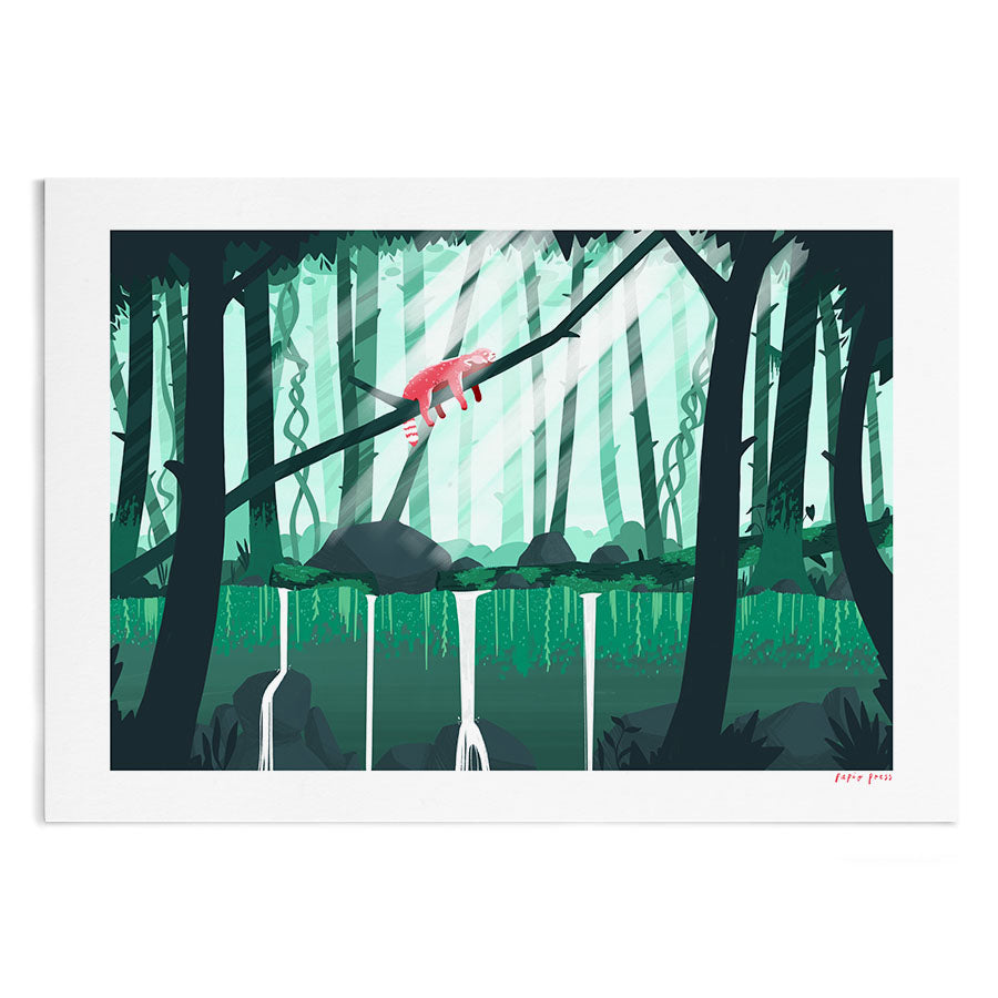 An illustration of a red panda sleeping on a fallen tree in the middle of the jungle whilst the sun beams down.