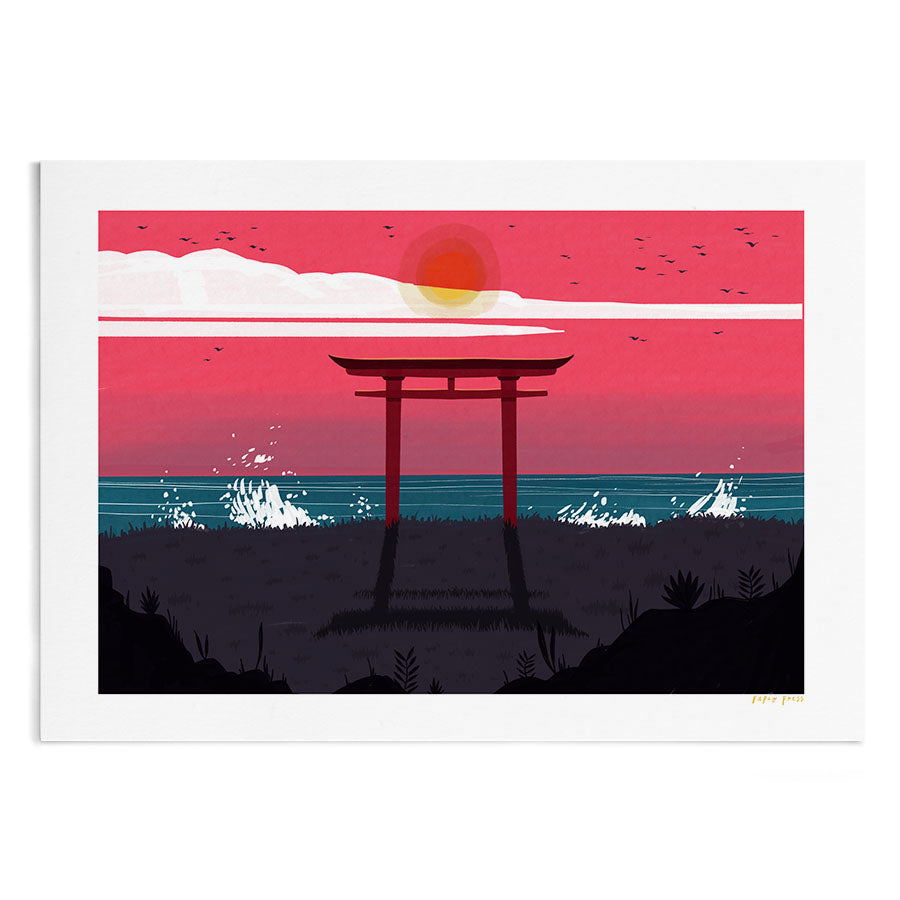 A Torii gateway in front of the sea. There are splashing waves and sun.