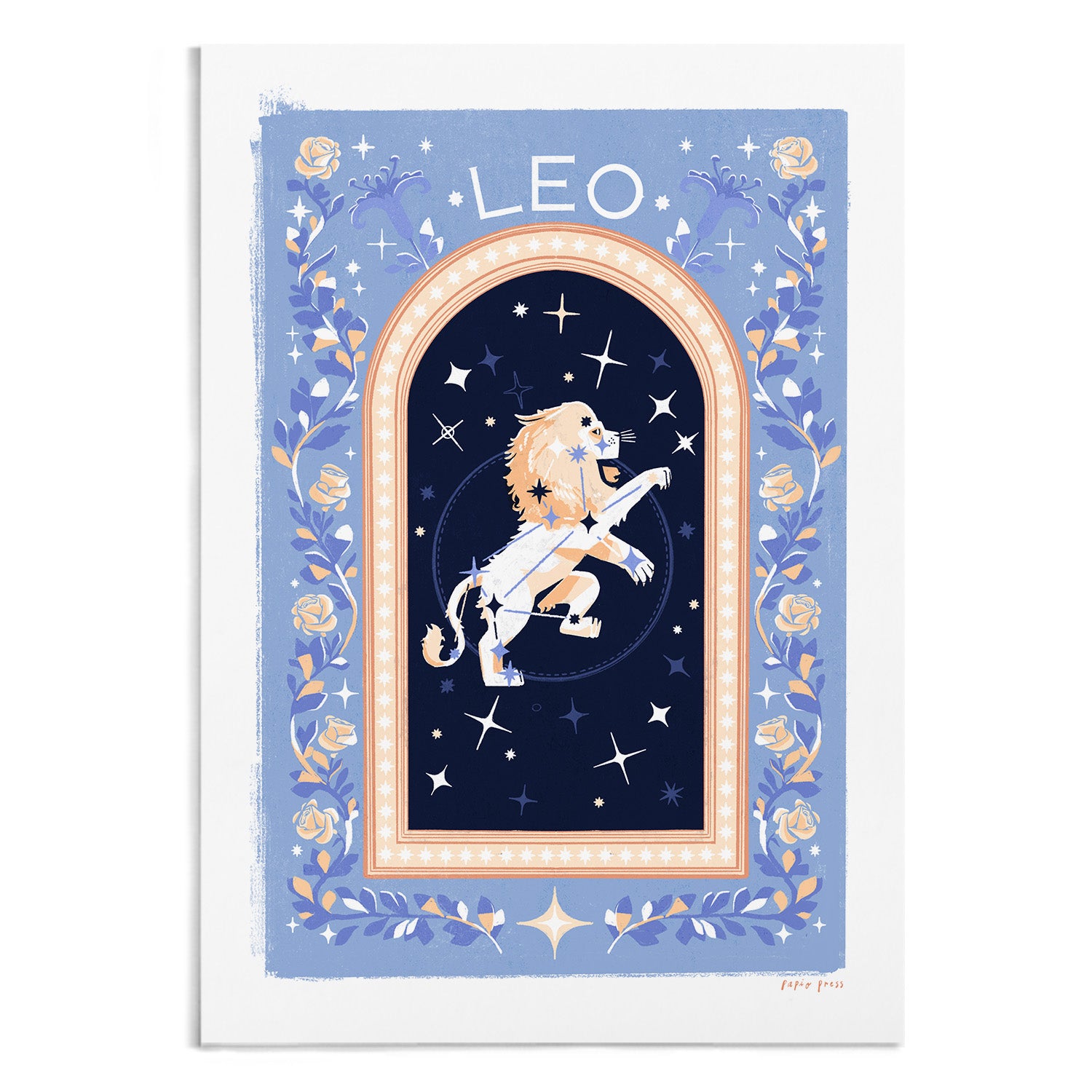 Illustration of a lion in a toga among stars, representing LEO, with blue, gold, and white floral border. Printed on archival satin paper. Choose your own Constellation Print // Star Signs by Papio Press.