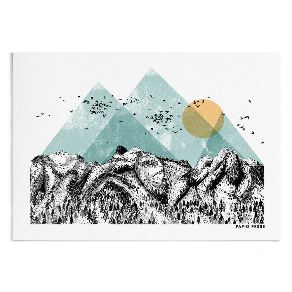 A textured watercolour painting of mountains with a sun and flying birds.