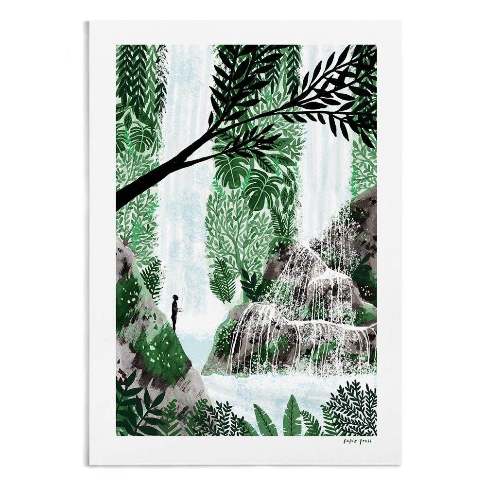A textured watercolour painting of a pilgrim bathing under a waterfall in the jungle.