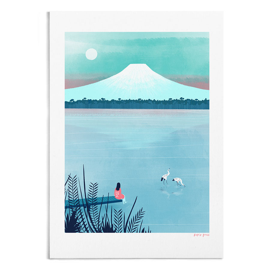 A watercolour painting of a woman dipping her foot into a lake in front of Mt Fuji, Japan. 